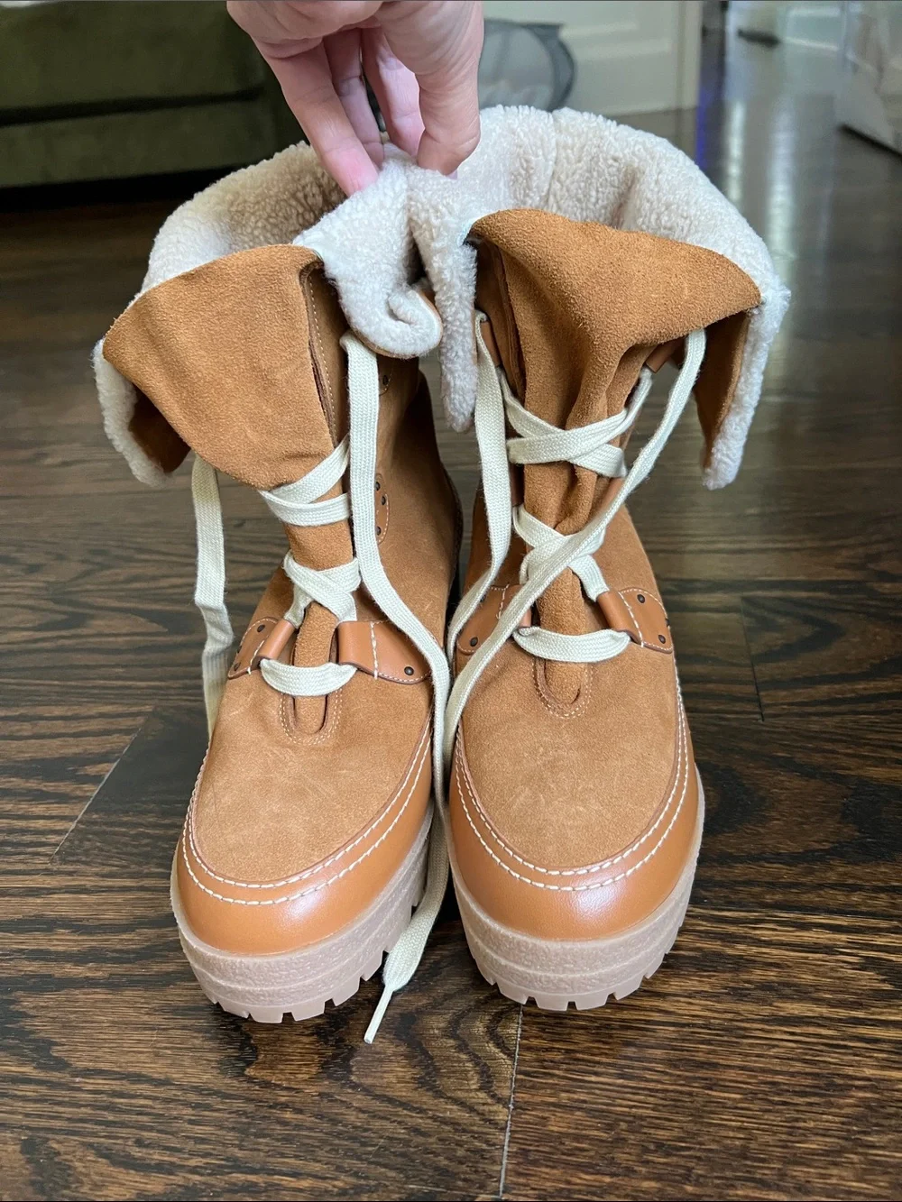 See By Chloe Tan Lace-Up Faux Shearling Winter Boots